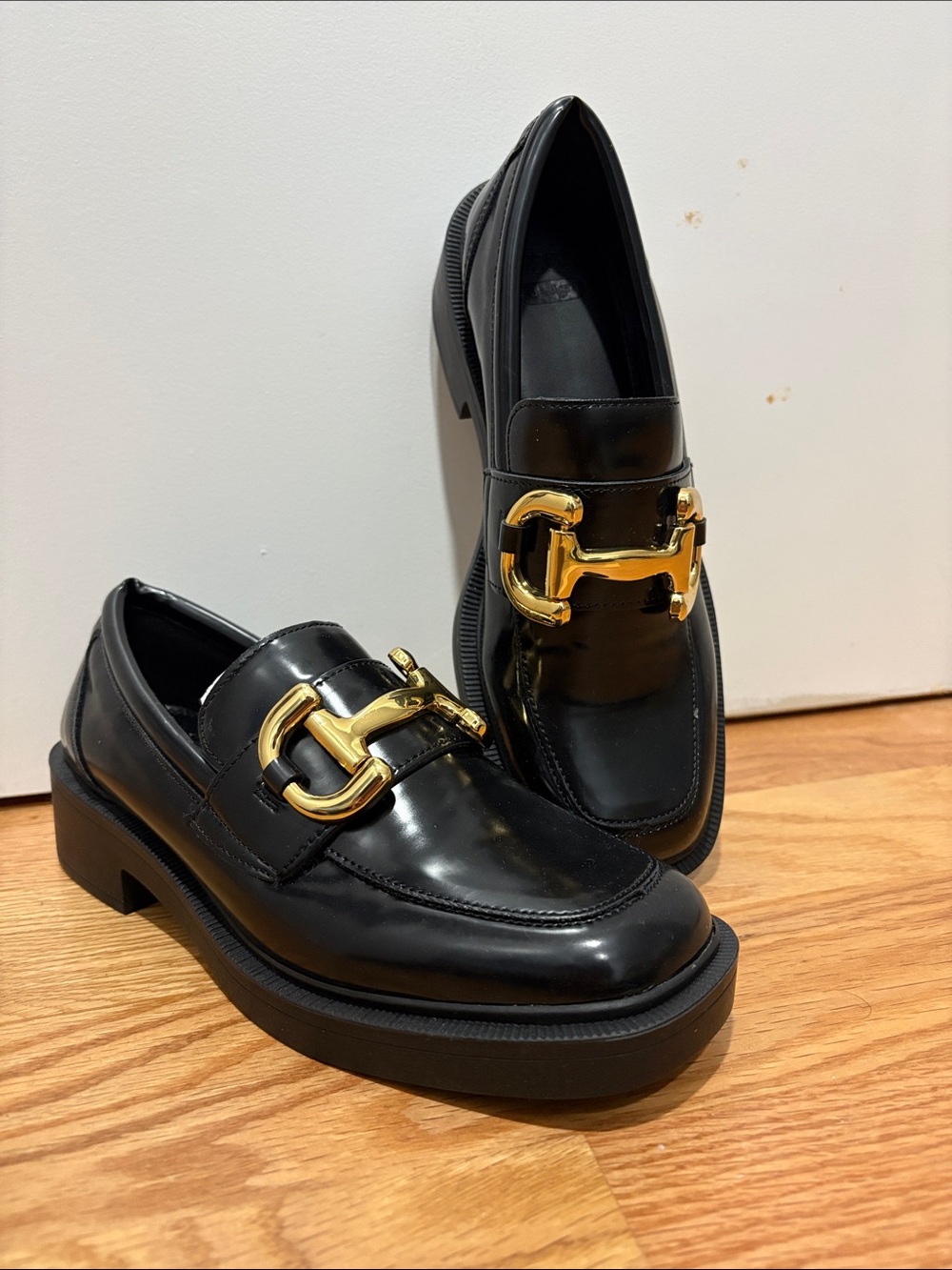 Black Leather Women’s Loafers with Gold Bit Detail by ASOS Design